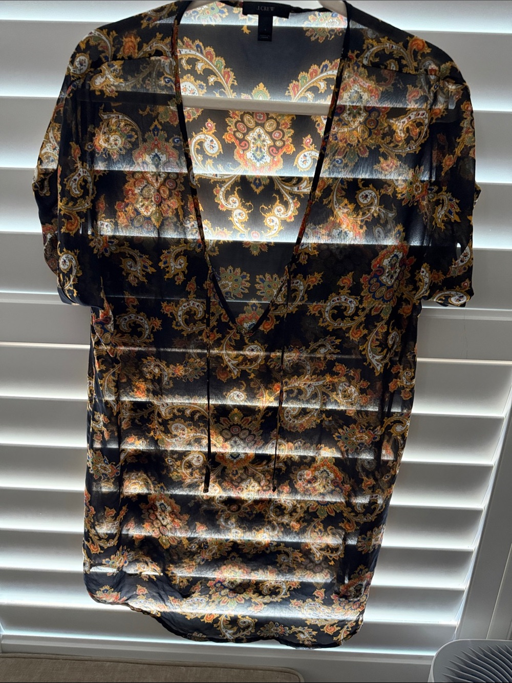 J. Crew Black Sheer Paisley V-Neck Blouse with Gold and Red Accents